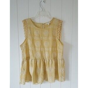 Blu Pepper Shirt Top Womens Size Large Yellow Boho Floral Embroidered